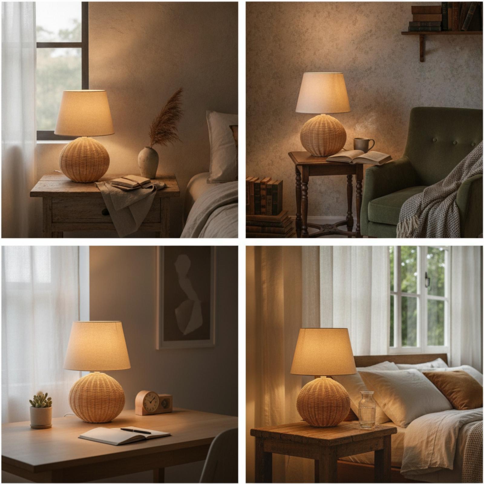 Bedside Lamp Rattan Base Fabri - Lighting Decor For Bedroom review and price